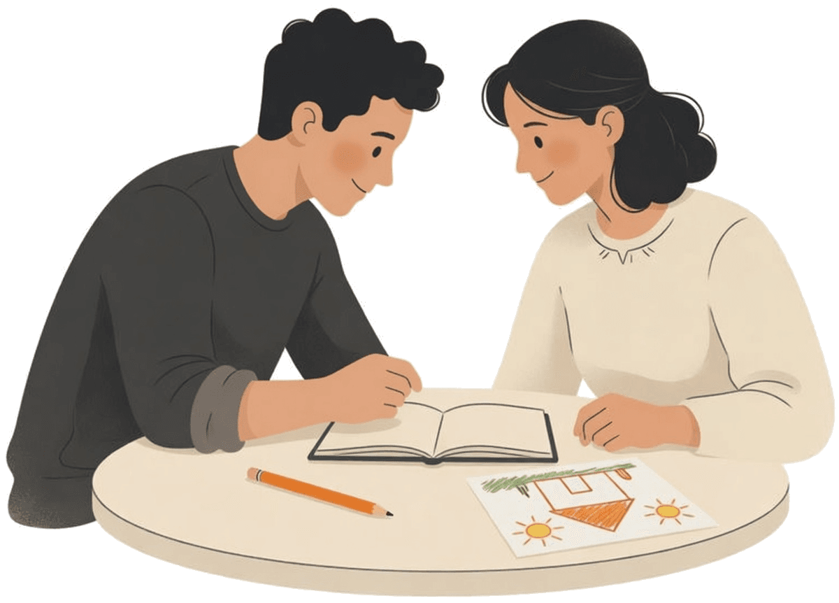 Two people at a table with a notebook, a pencil, and a child's drawing.