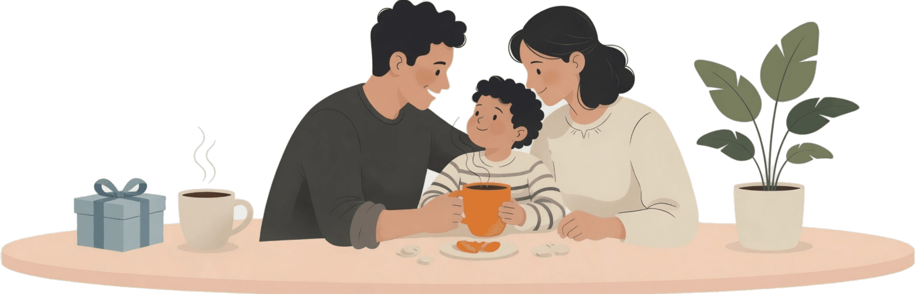 A family sitting at a wide table with a gift, mug, and plant.